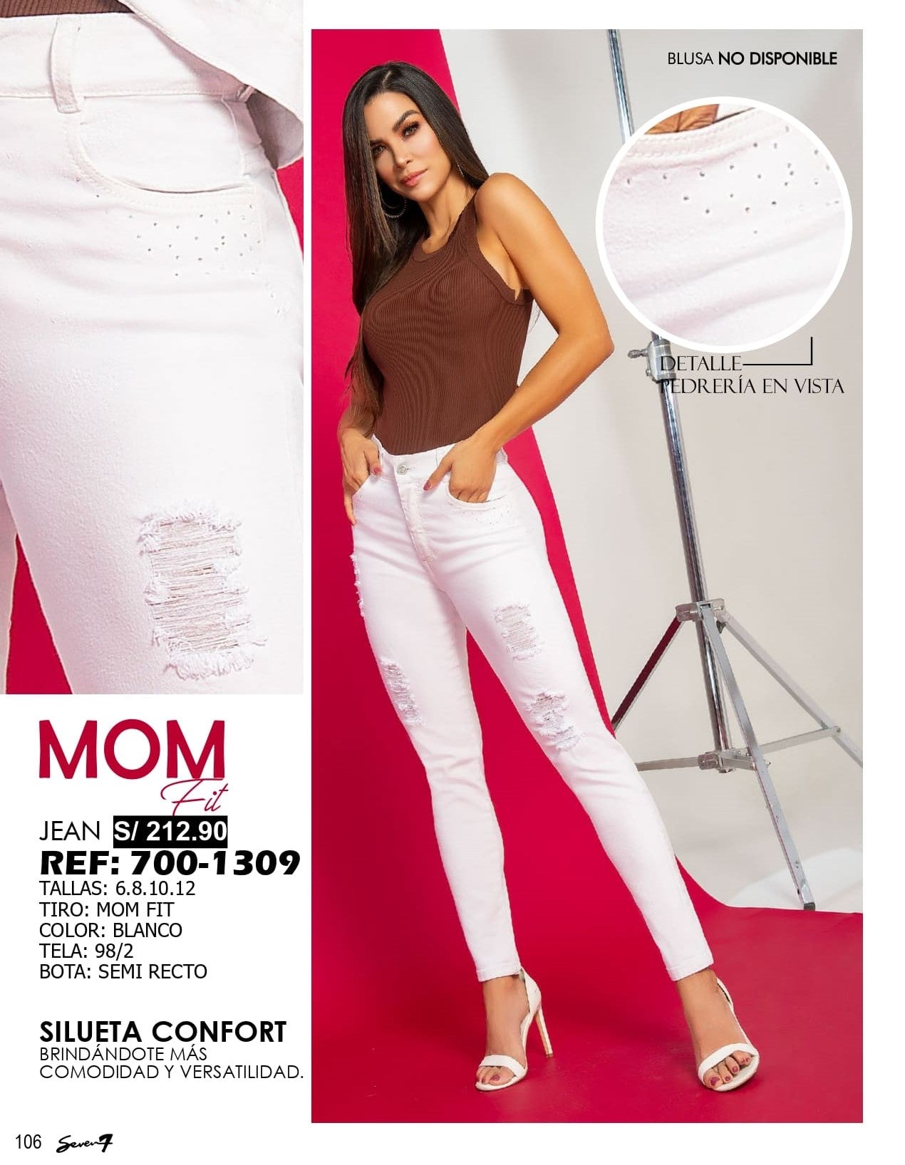 Jeans SEVEN7 Mom Fit Blanco con Pedrería | M&R Importadores Perú