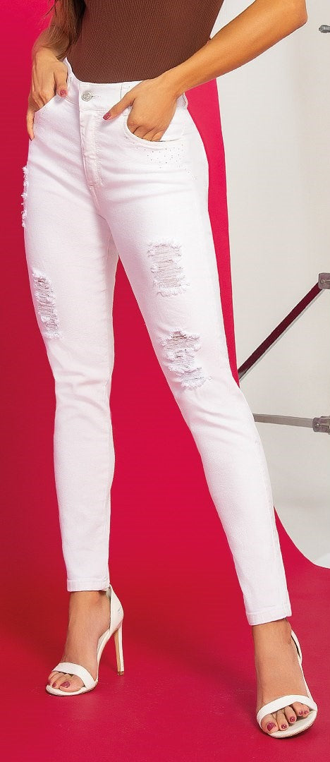 Jeans SEVEN7 Mom Fit Blanco con Pedrería | M&R Importadores Perú