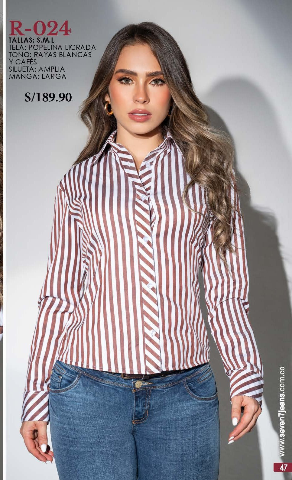 Camisa SEVEN7 Popelina Licrada Rayas Blanco Café | M&R Importadores Perú
