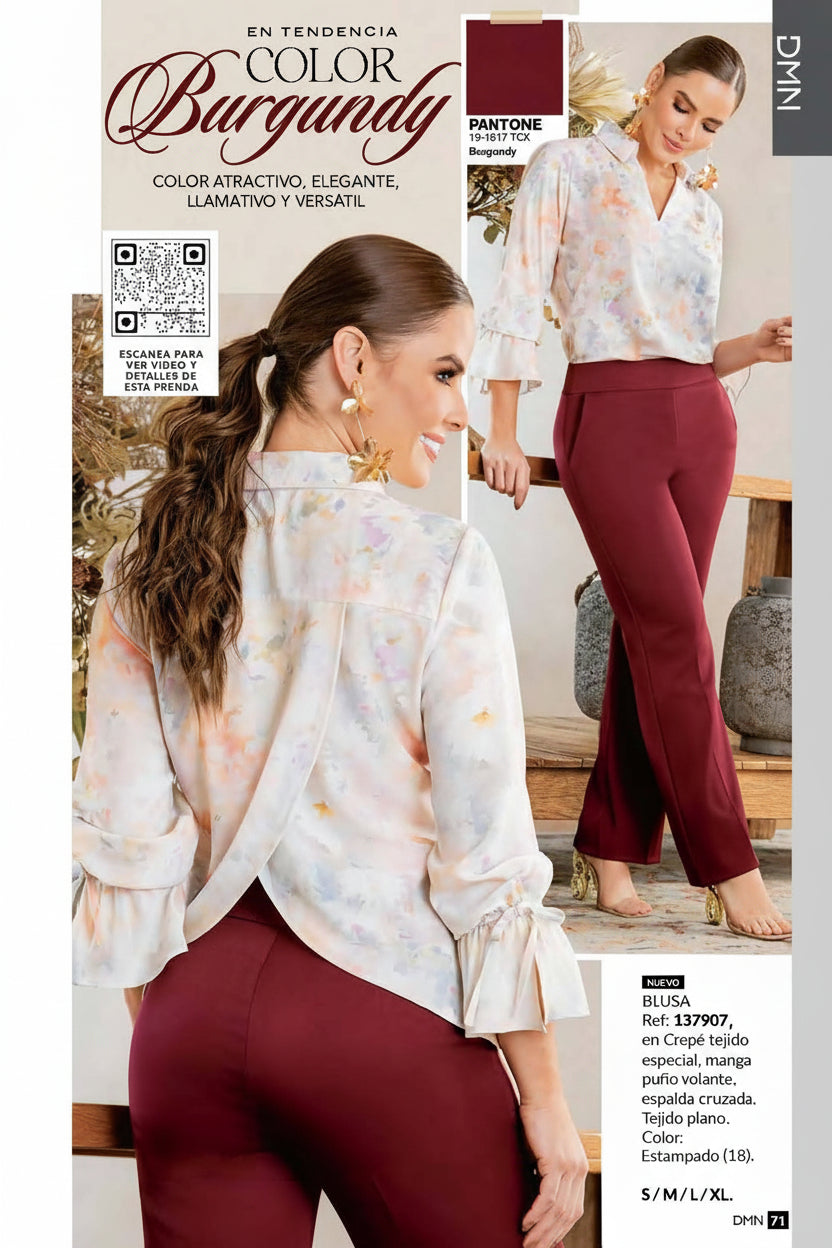 Blusa Crêpé Manga Puño Volante y Espalda Cruzada | M&R Importadores