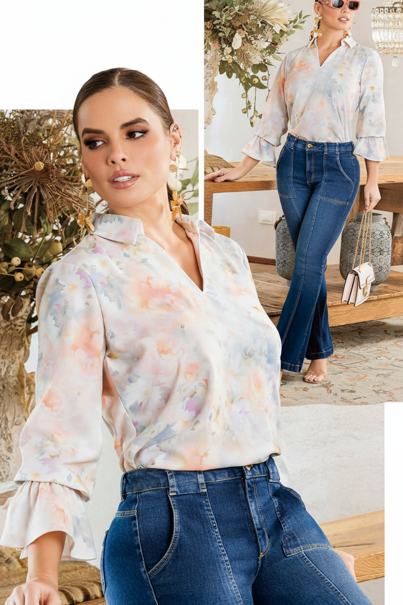 Blusa Crêpé Manga Puño Volante y Espalda Cruzada | M&R Importadores
