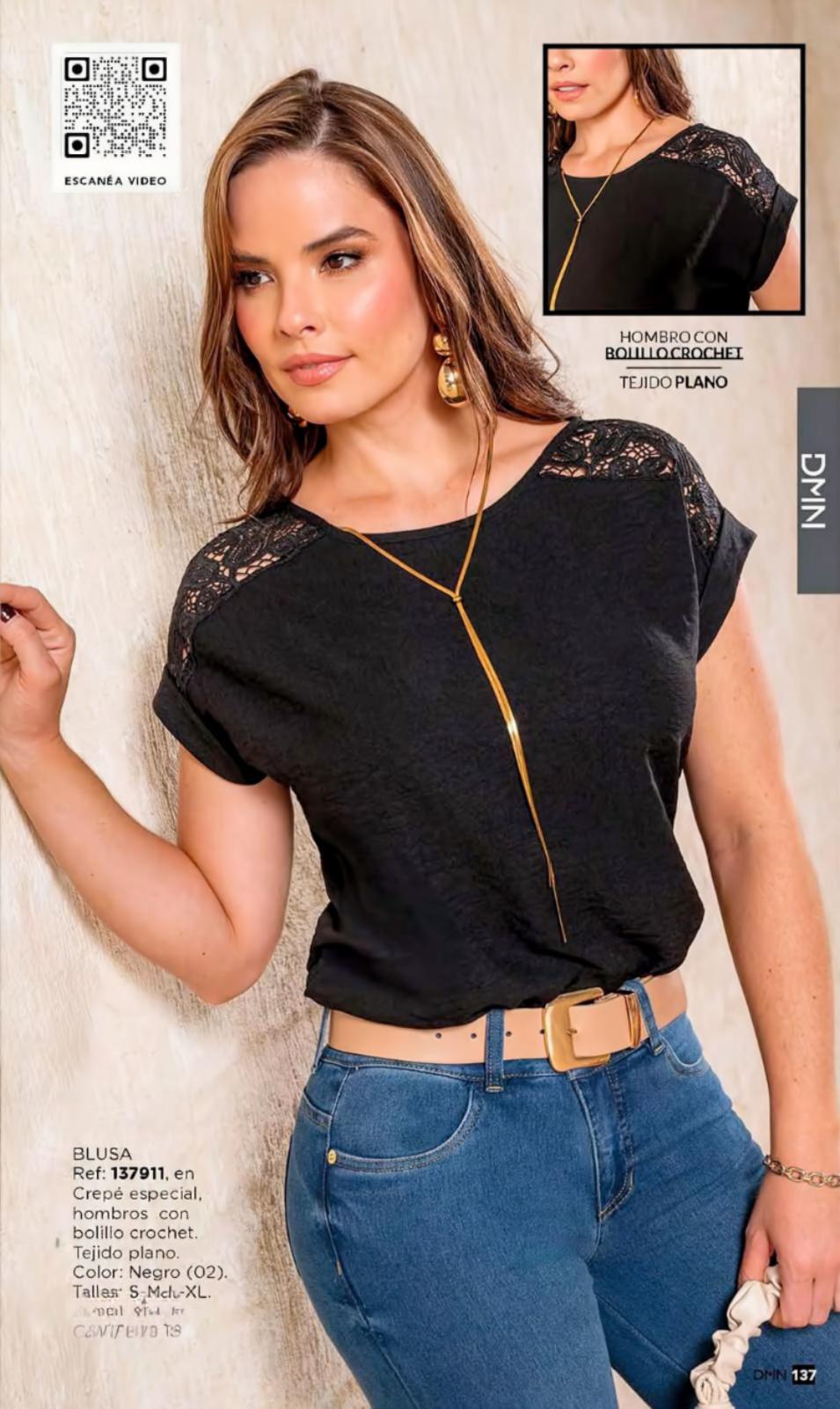 Blusa Crêpe con Hombros de Bolillo Crochet | M&R Importadores